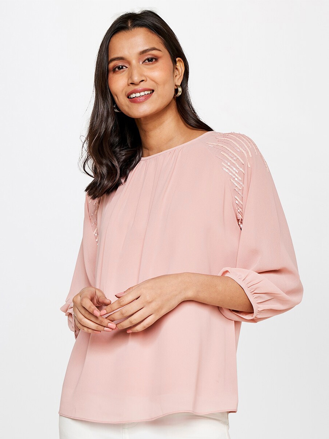 

AND Women Pink Solid Sequined Top