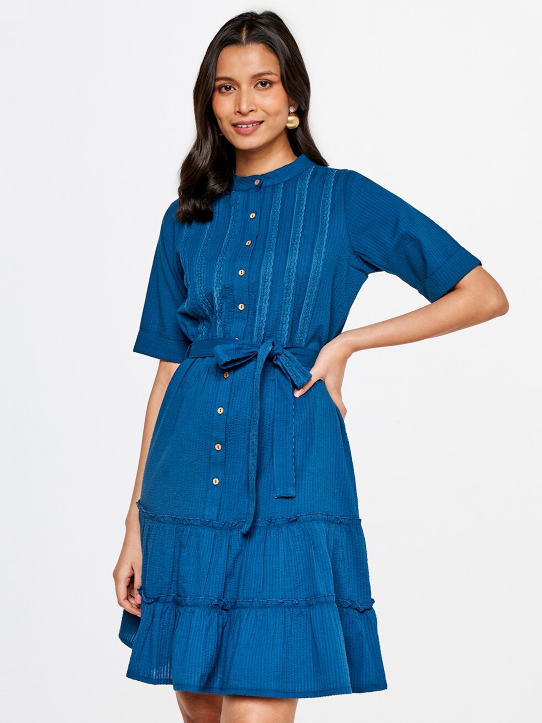 

AND Women Blue A-Line Tiered Cotton Dress