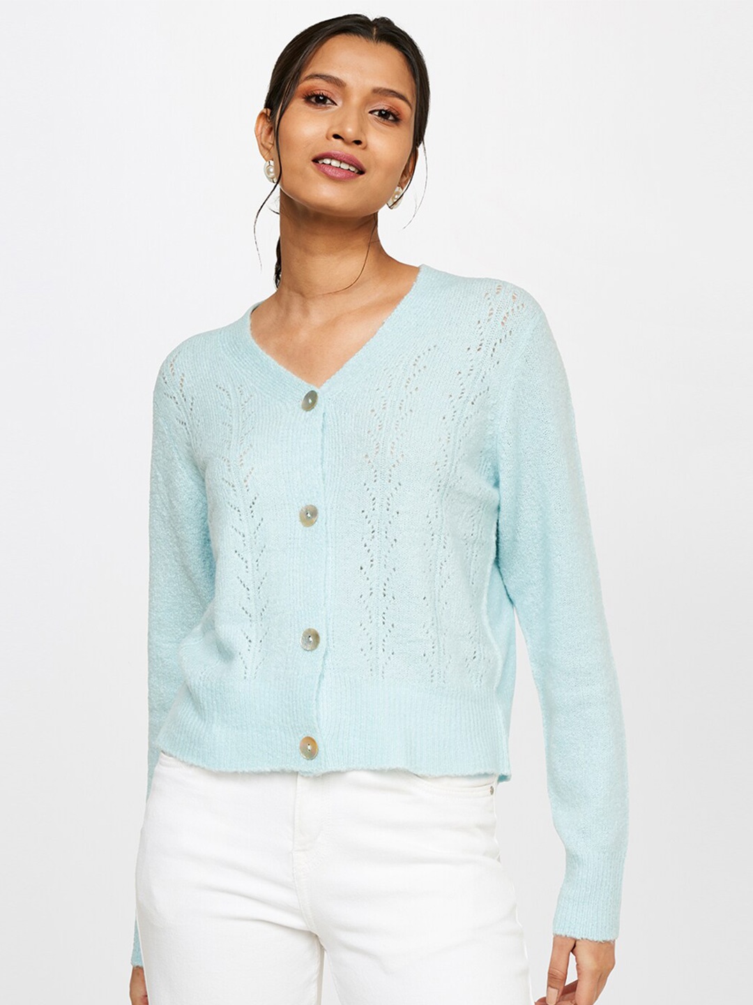 

AND Women Self Design Cardigan, Blue