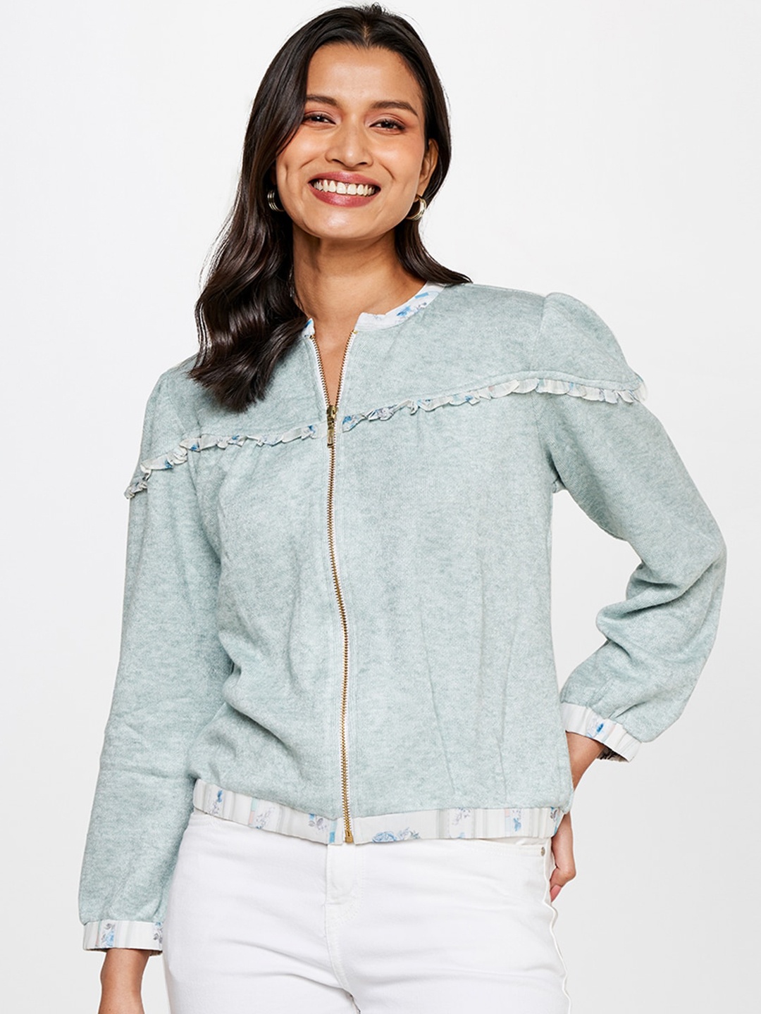 

AND Women Sea Green White Denim Jacket