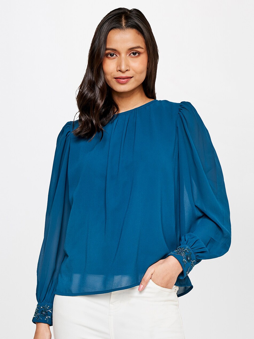 

AND Women Blue Solid Gathered Cuff Embellished Top