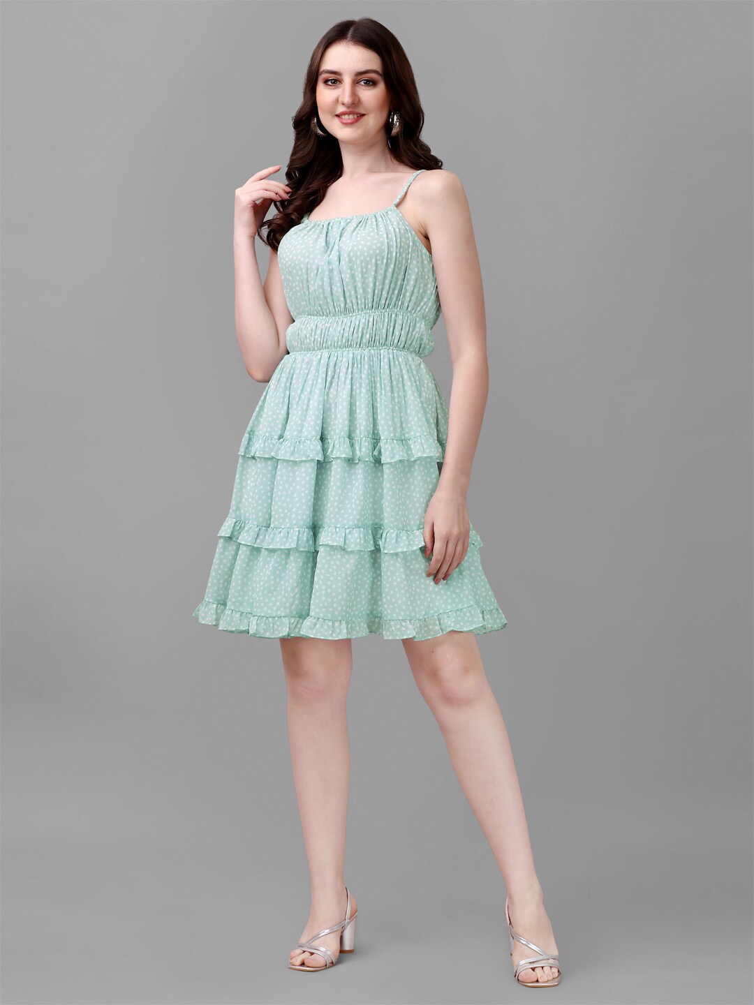 

Masakali.Co Sea Green & White sleeveless Georgette Dress