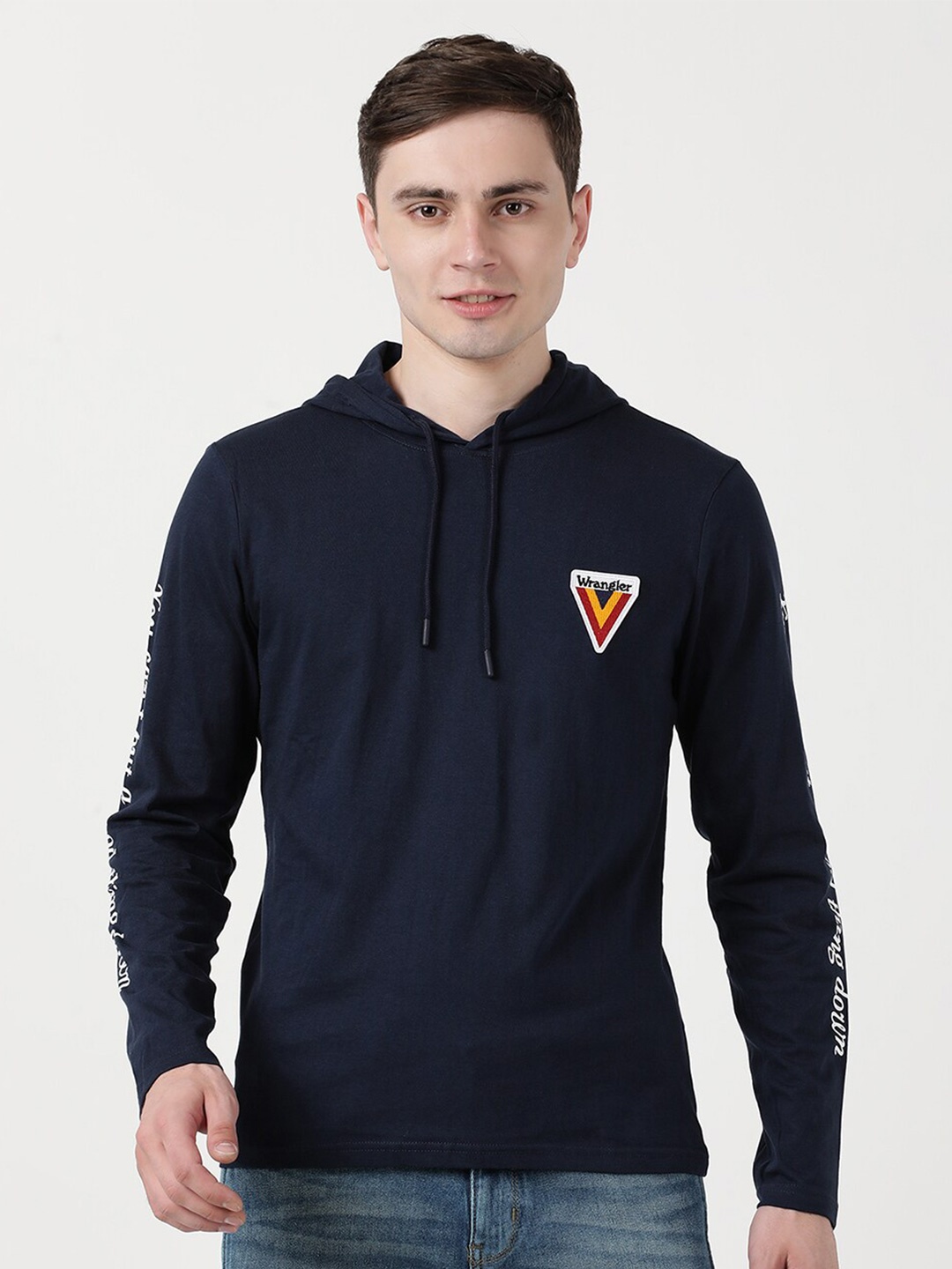 

Wrangler Men Navy Blue Hooded Cotton T-shirt