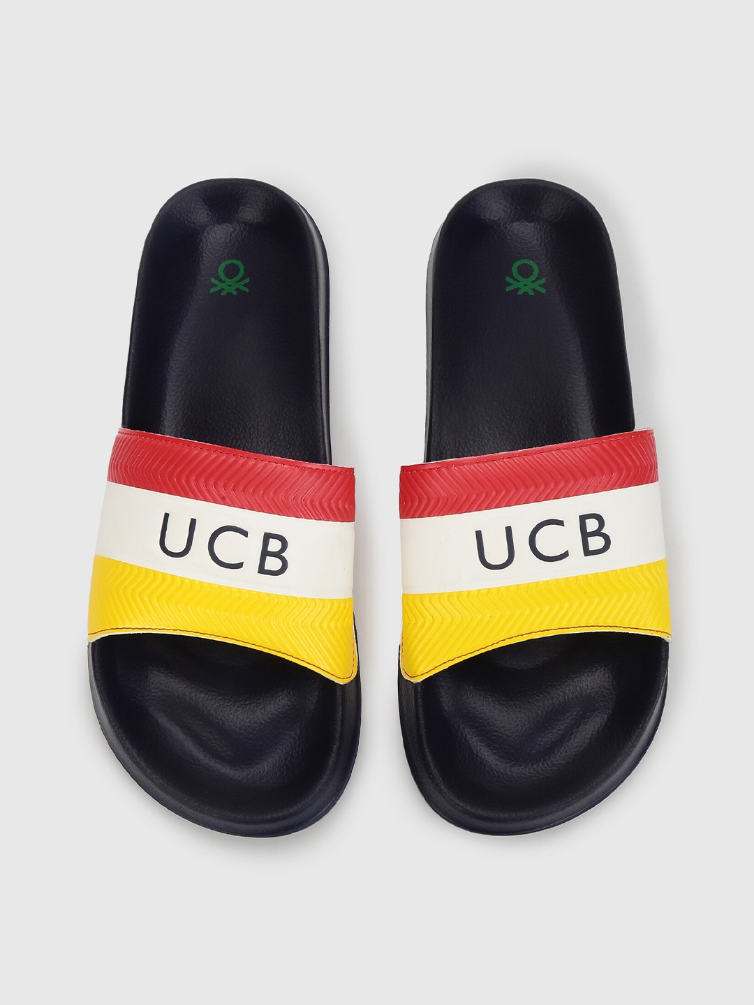 

United Colors of Benetton Men Navy Blue & Yellow Striped Sliders