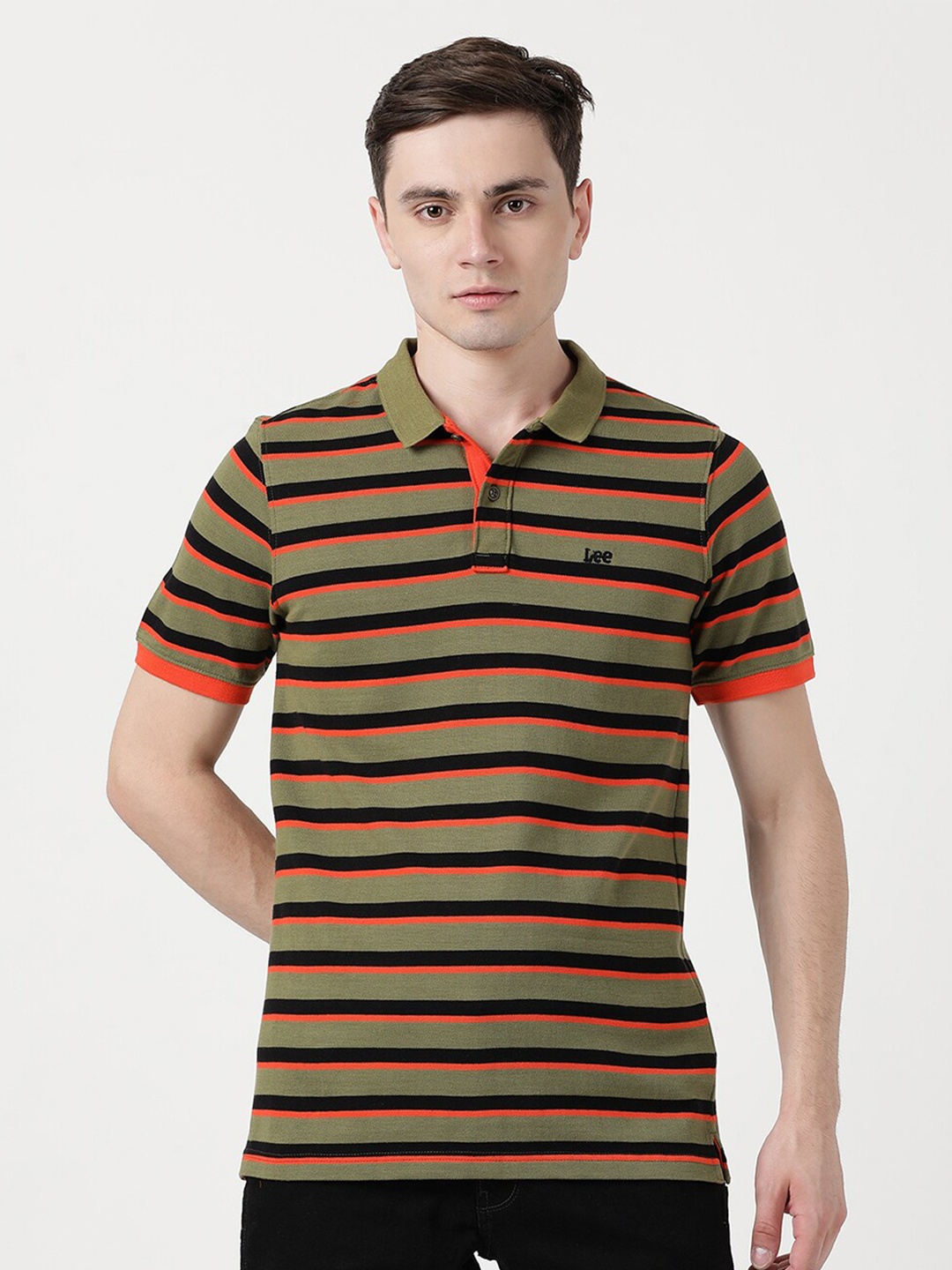 

Lee Men Green & Black Striped Polo Collar Slim Fit Cotton T-shirt