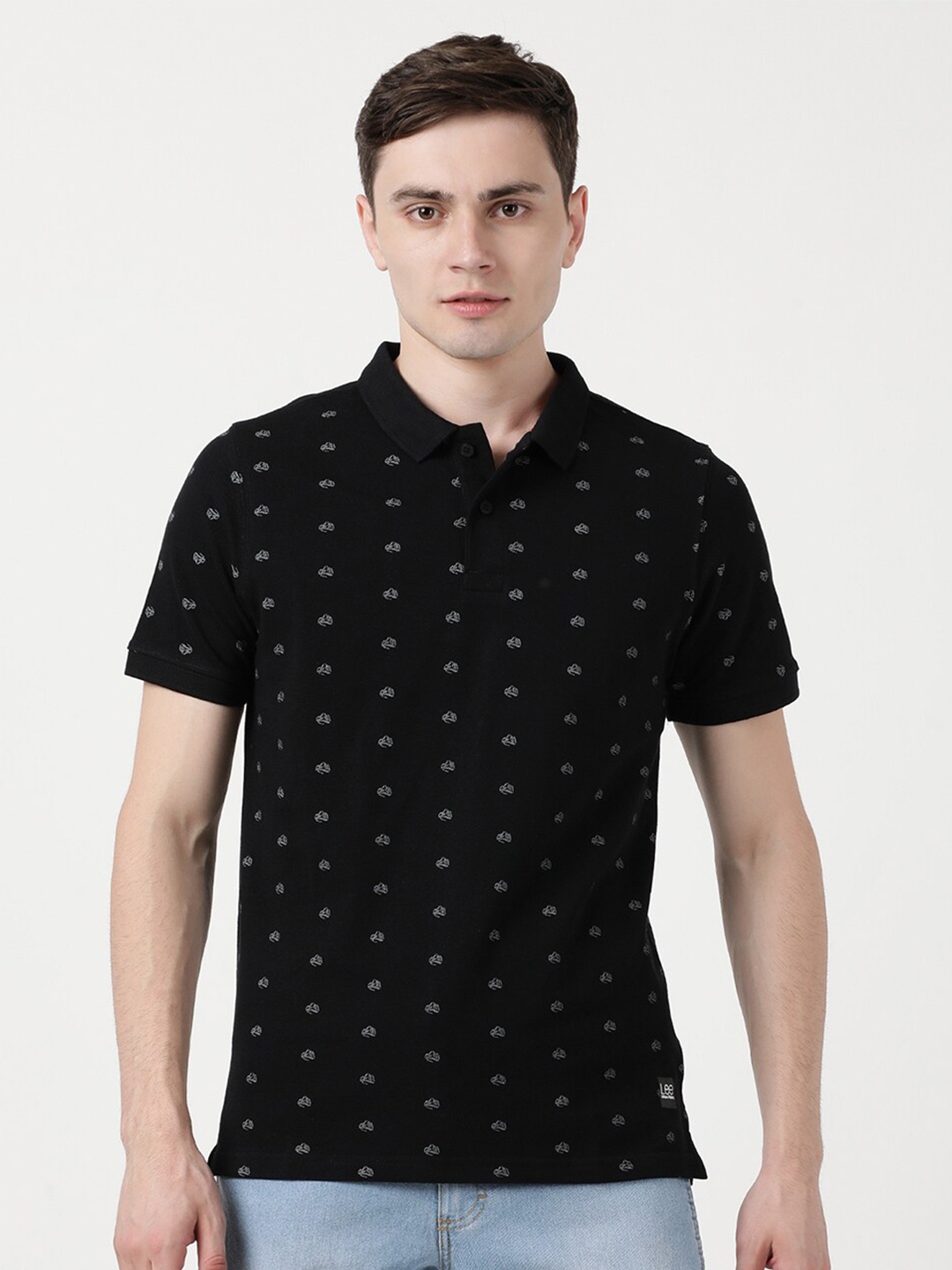 

Lee Men Black Floral Printed Polo Collar Slim Fit Cotton T-shirt