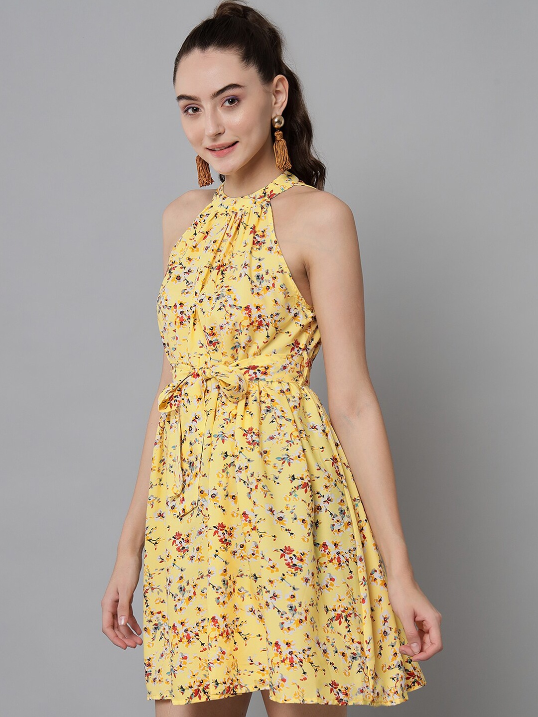 

emeros Women Yellow Floral Crepe A-Line Dress