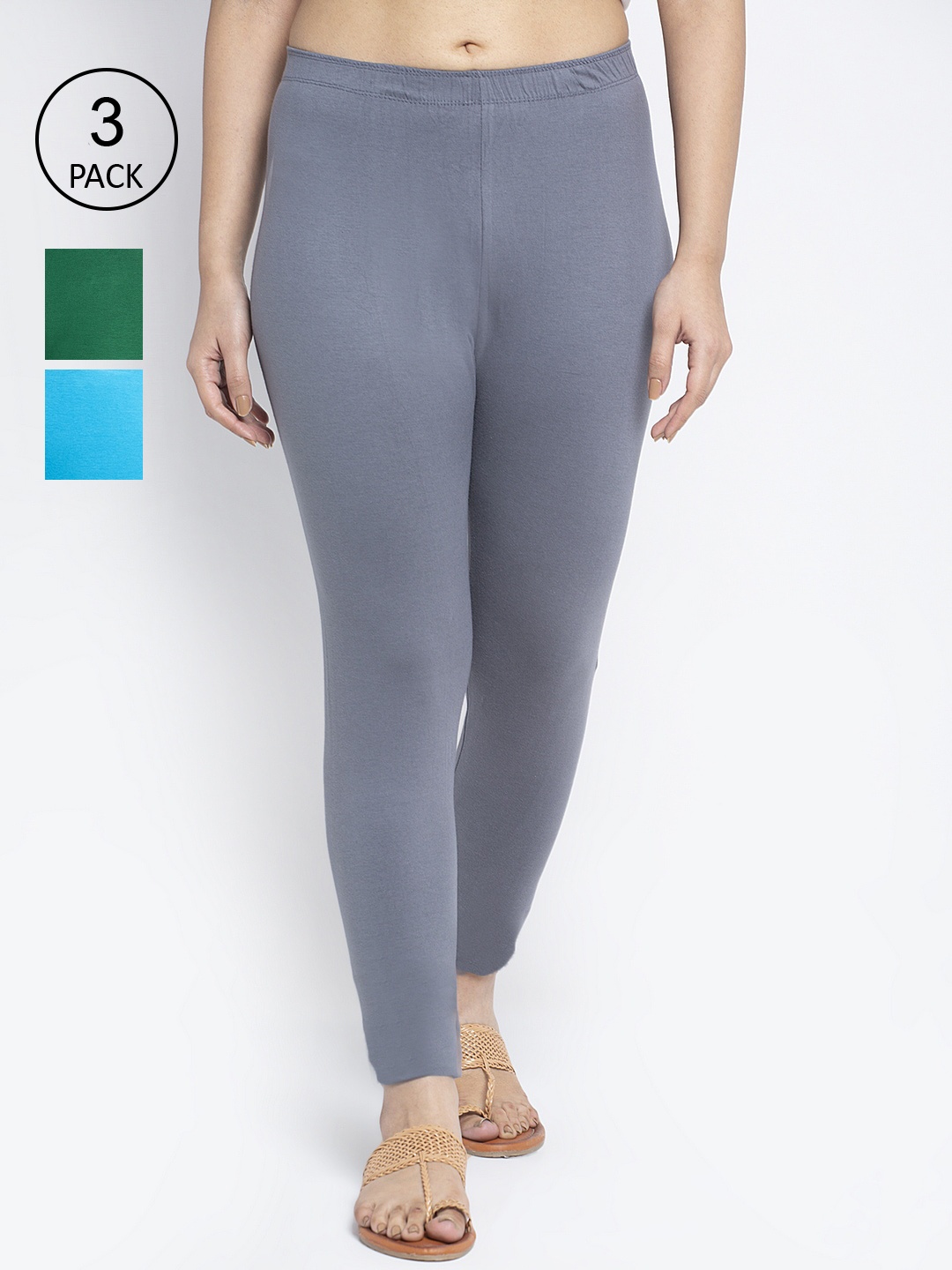 

GRACIT Women Pack Of 3 Solid Ankle-Length Cotton Leggings, Grey