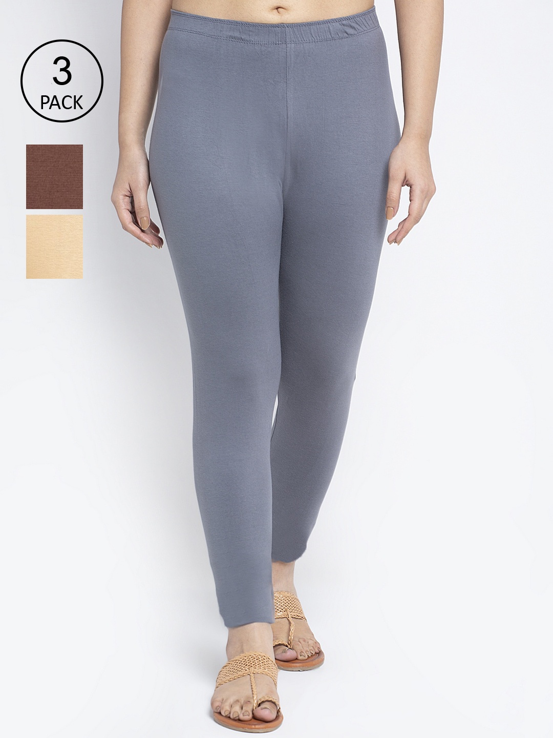 

GRACIT Women Pack Of 3 Solid Ankle Length Cotton Leggings, Grey