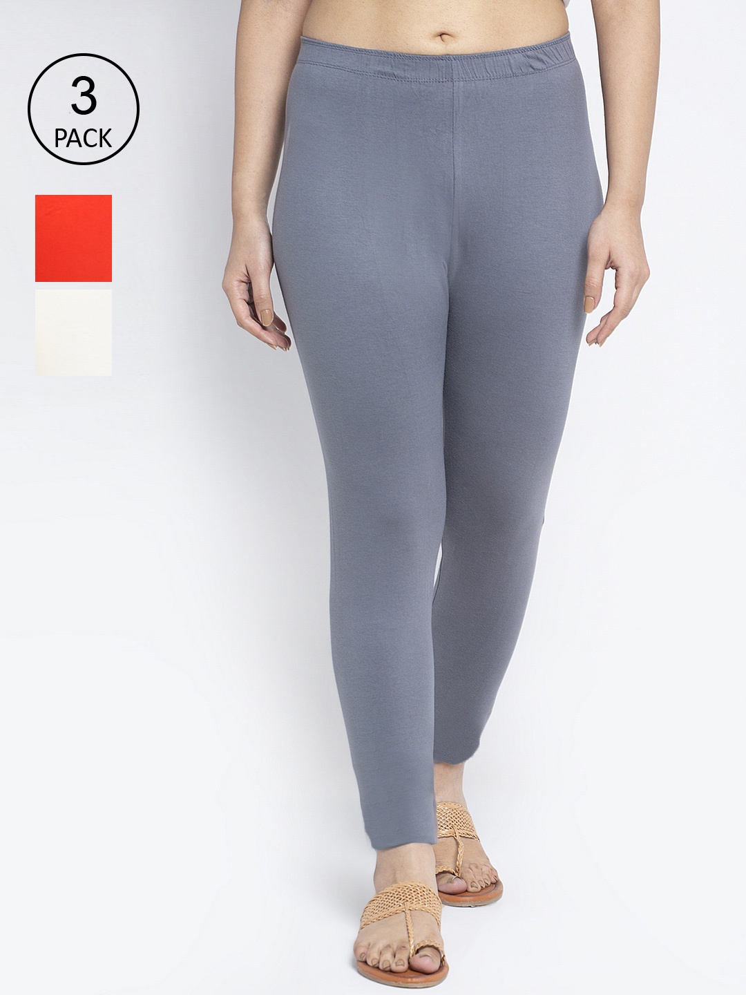 

GRACIT Women Pack Of 3 Solid Ankle-Length Super Combed Cotton Lycra Leggings, Grey