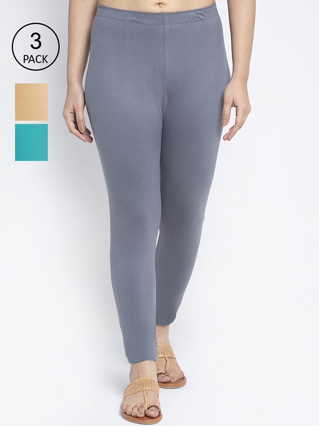 

GRACIT Women Pack Of 3 Solid Ankle-Length Super Combed Cotton Lycra Leggings, Grey