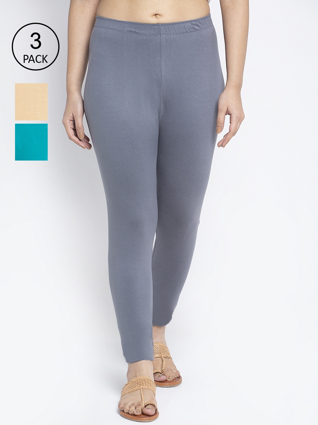 

GRACIT Women Pack Of 3 Solid Ankle-Length Super Combed Cotton Lycra Leggings, Grey