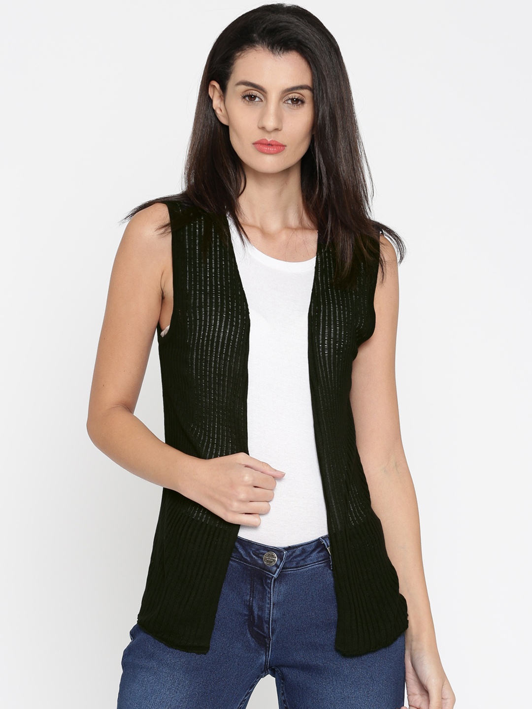 

Park Avenue Woman Black Striped Front-Open Sweater