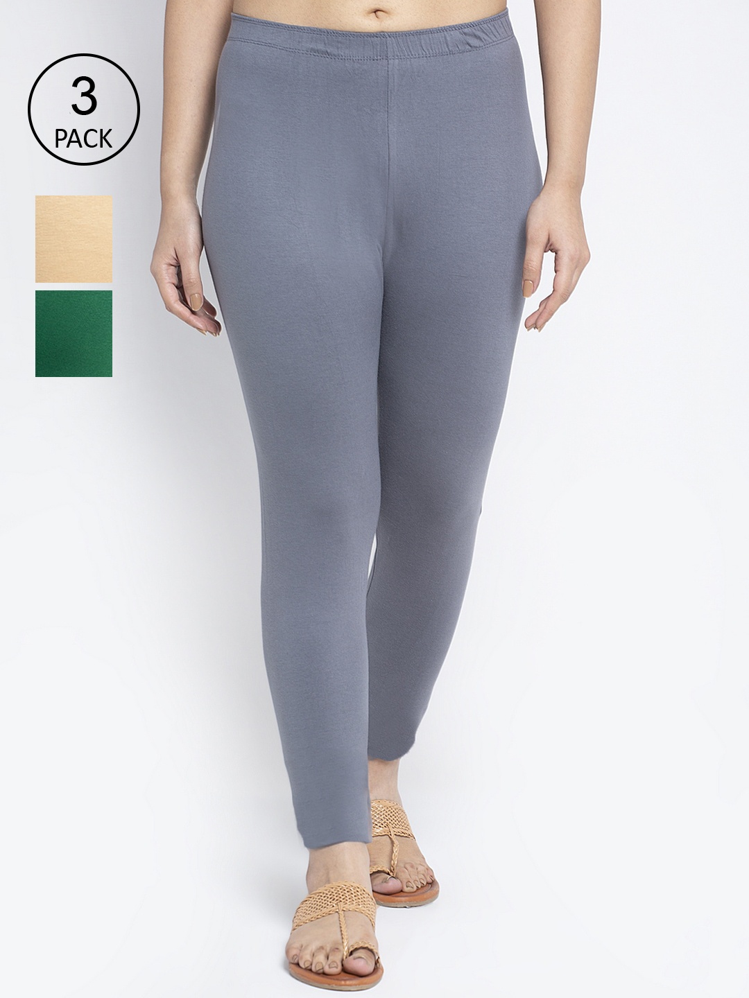 

Jinfo Women Pack Cotton Of 3 Ankle-Length Leggings, Grey