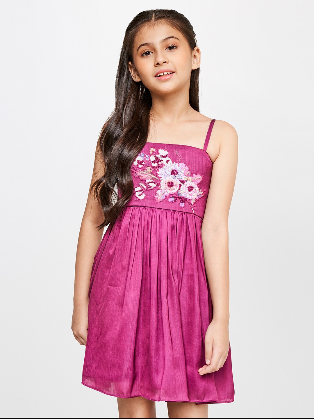 

AND Girls Magenta Floral Embellished A-Line Dress