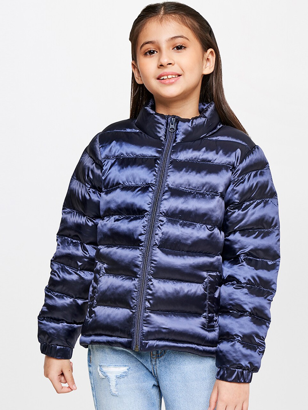 

AND Girls Navy Blue Solid Padded Jacket