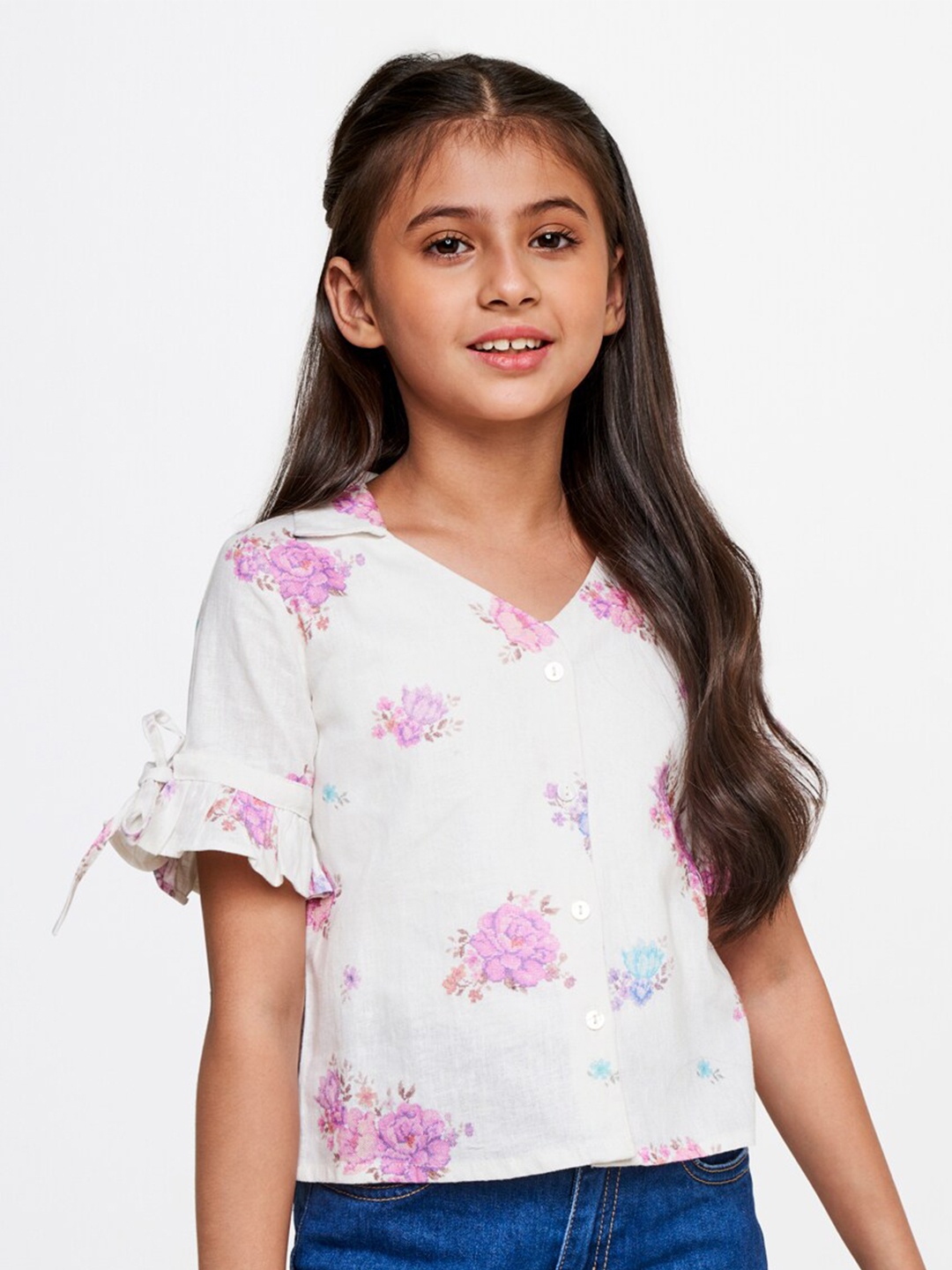 

AND Girls White & Pink Floral Printed Shirt Style Top