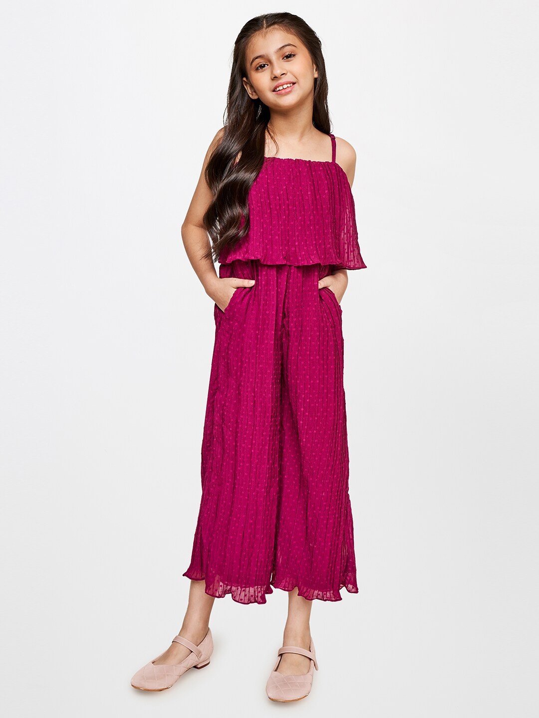 

AND Girls Purple Shoulder Strap Striped Basic Jumpsuit