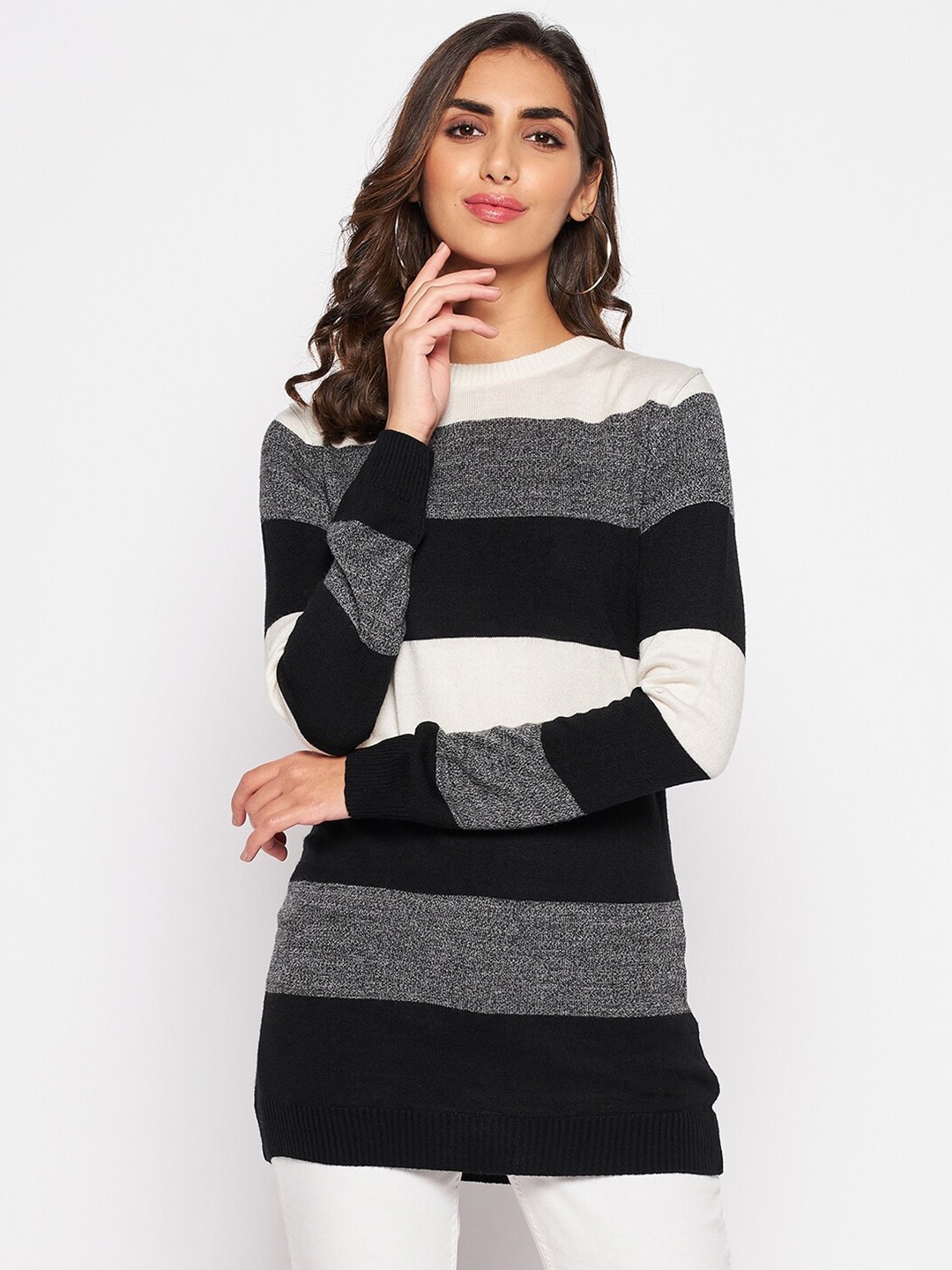 

Crozo By Cantabil Women Black & White Striped Acrylic Longline Cardigan