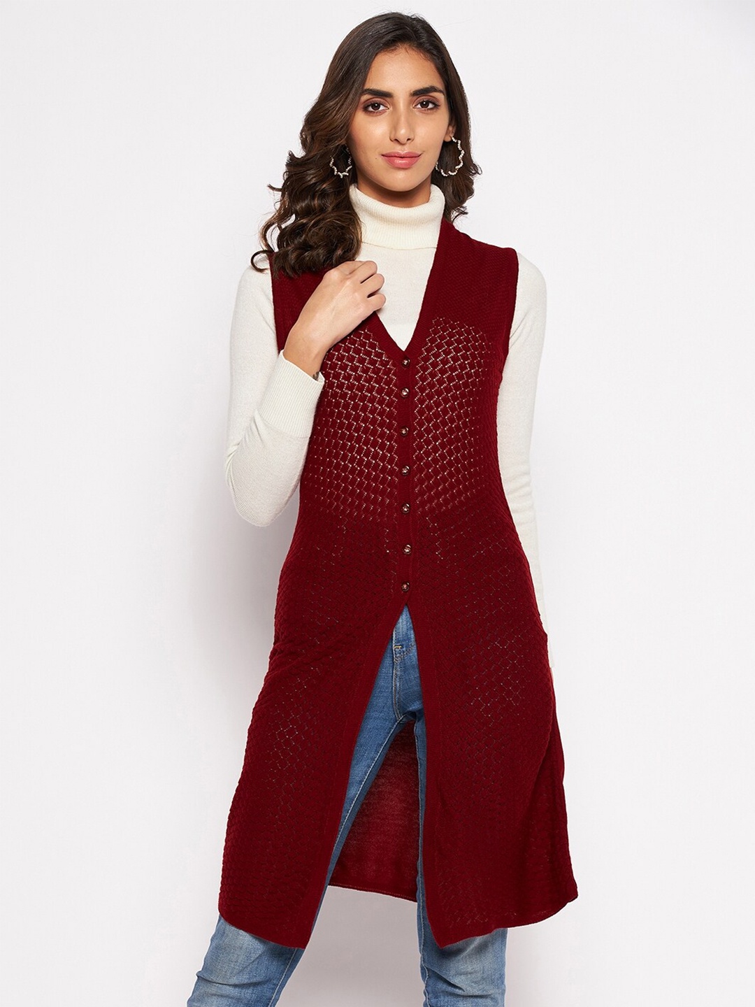 

Crozo By Cantabil Women Maroon Self Design Acrylic Longline Cardigan