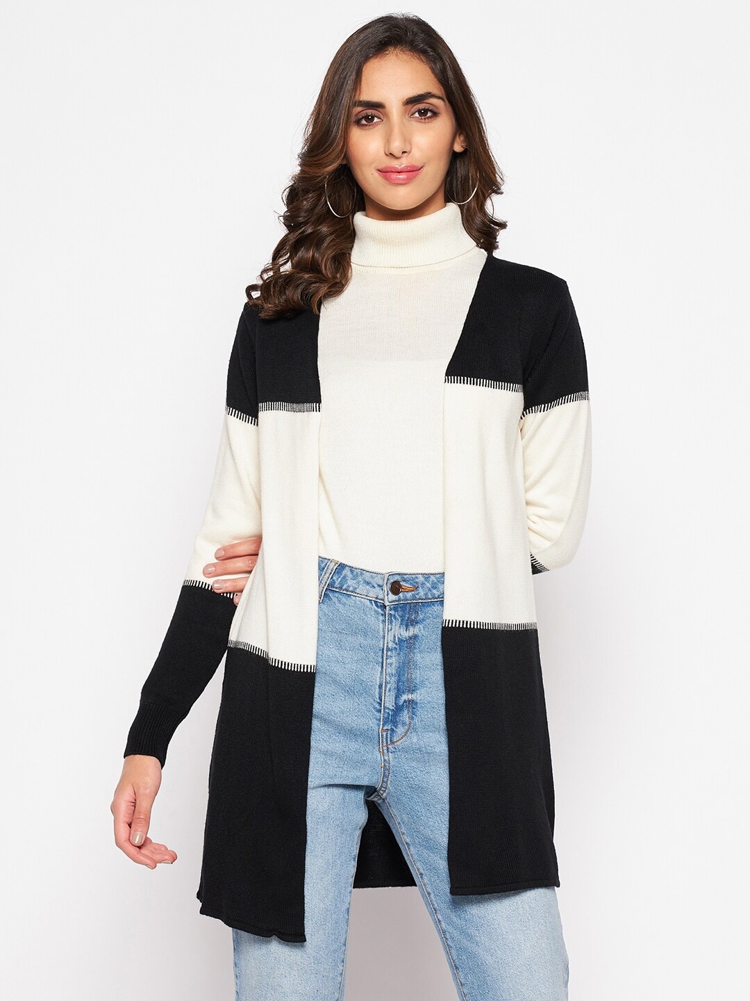 

Crozo By Cantabil Women Black & White Colourblocked Acrylic Longline Shrug