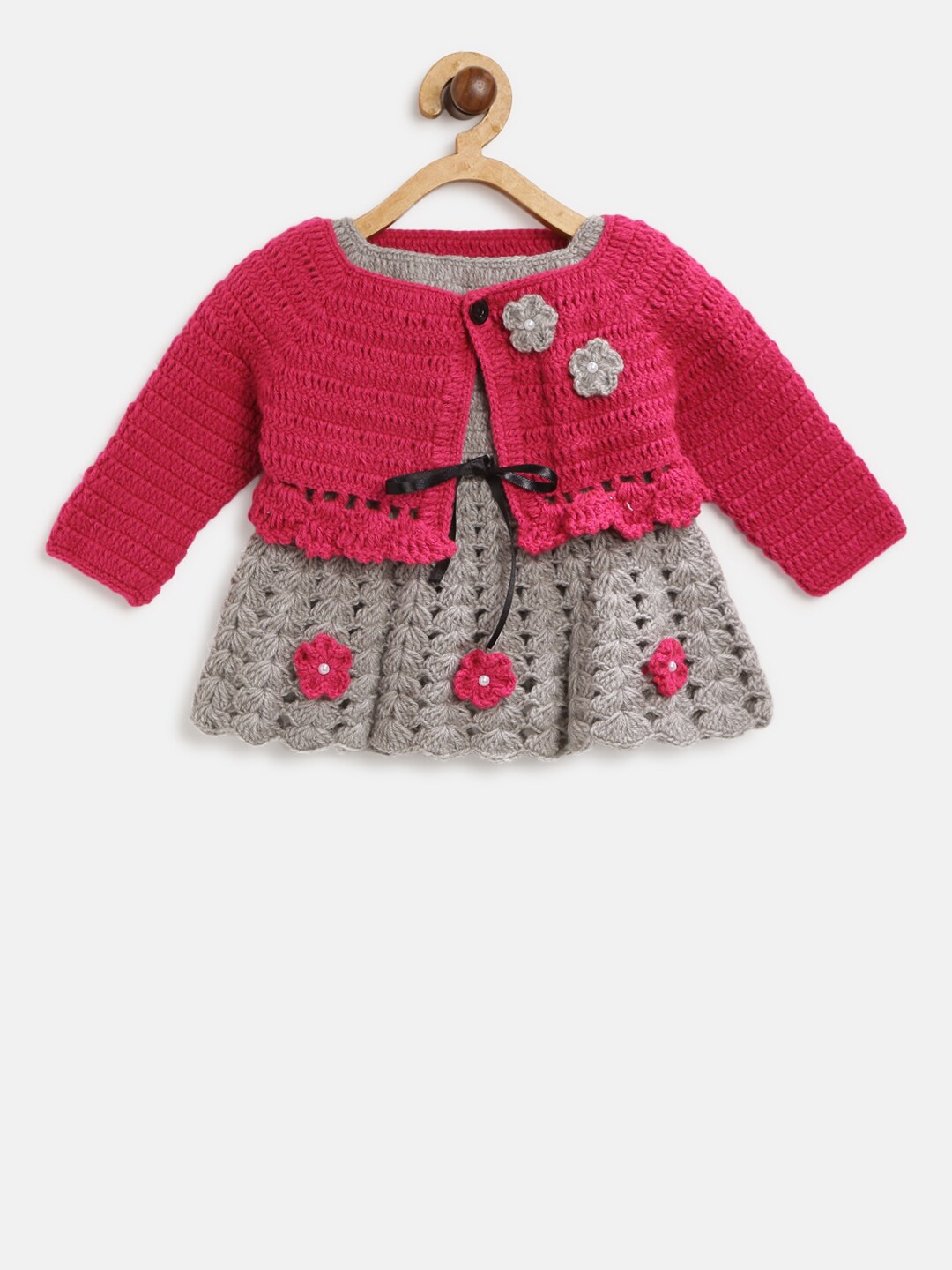 

CHUTPUT Girls Grey & Pink Self Design Pure Wool Jumper Dress