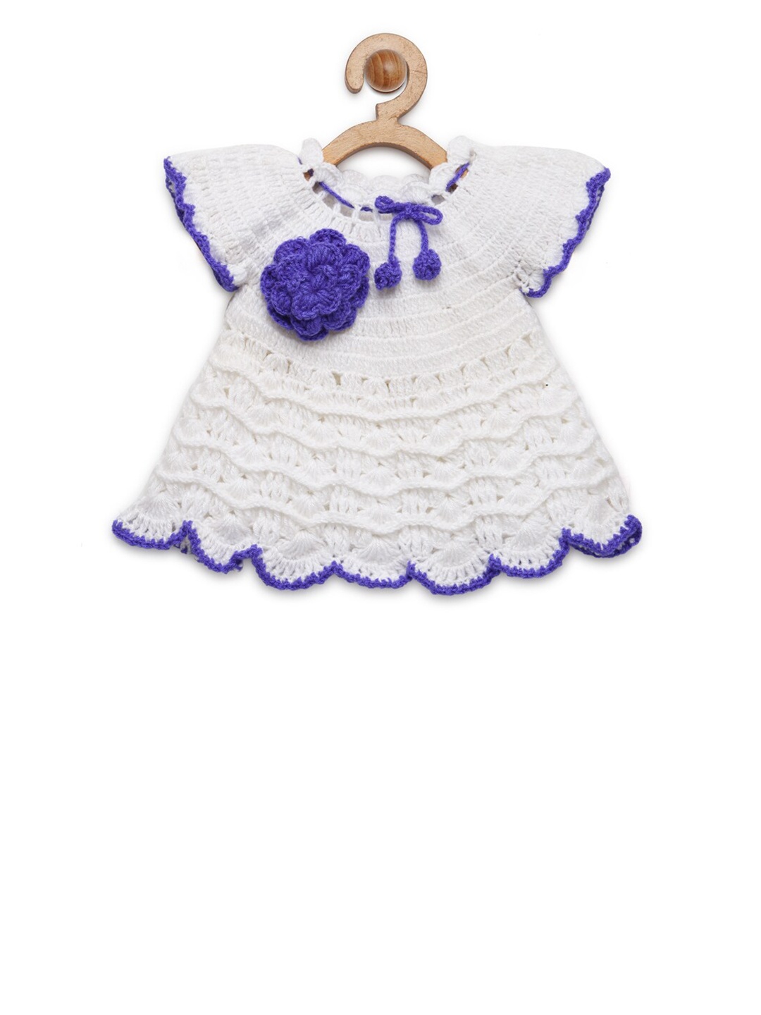 

CHUTPUT Girls White & Blue Self Design Pure Wool Jumper Dress