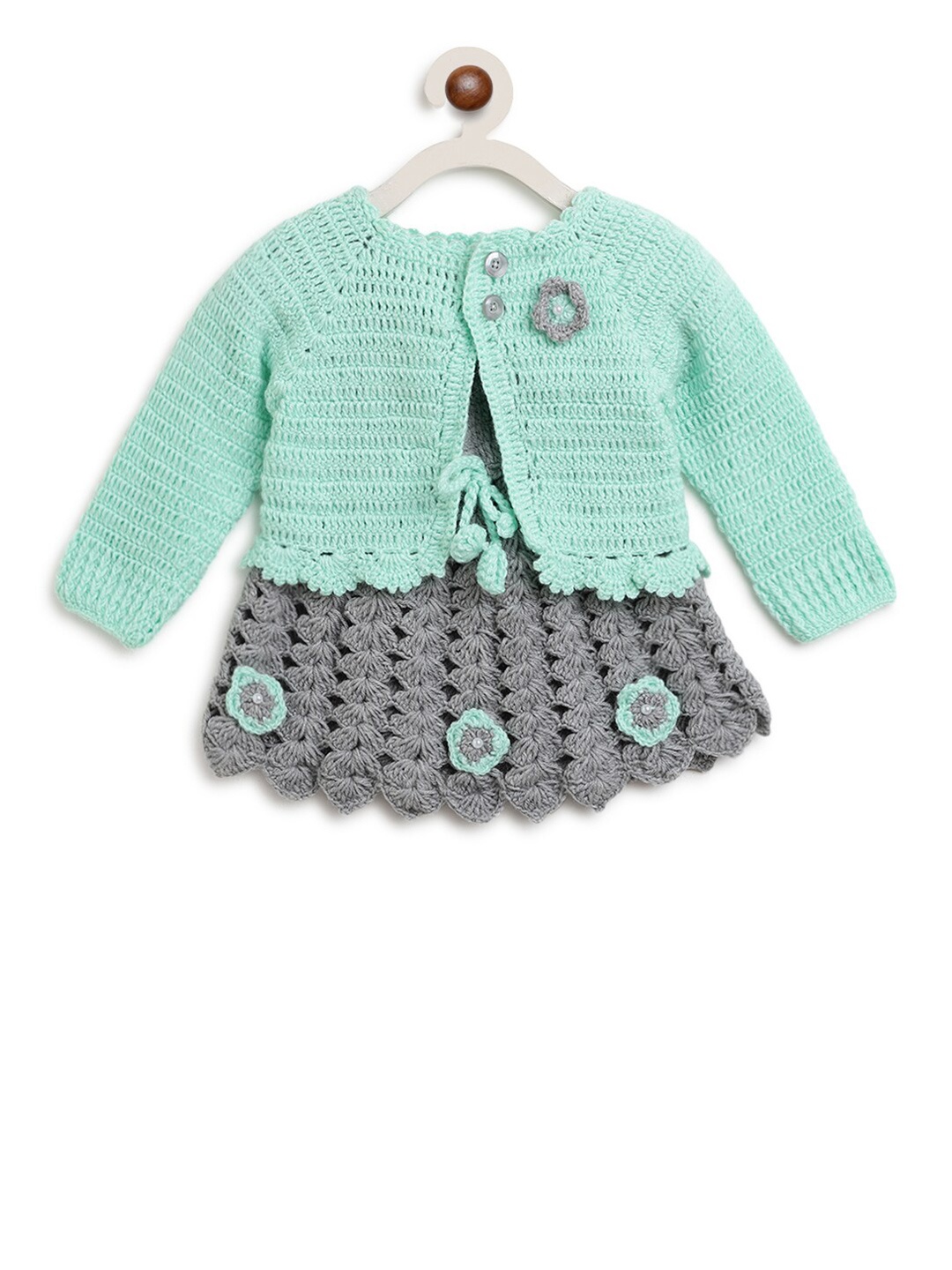 

CHUTPUT Girls Grey & Sea Green Self Design Pure Wool Jumper Dress