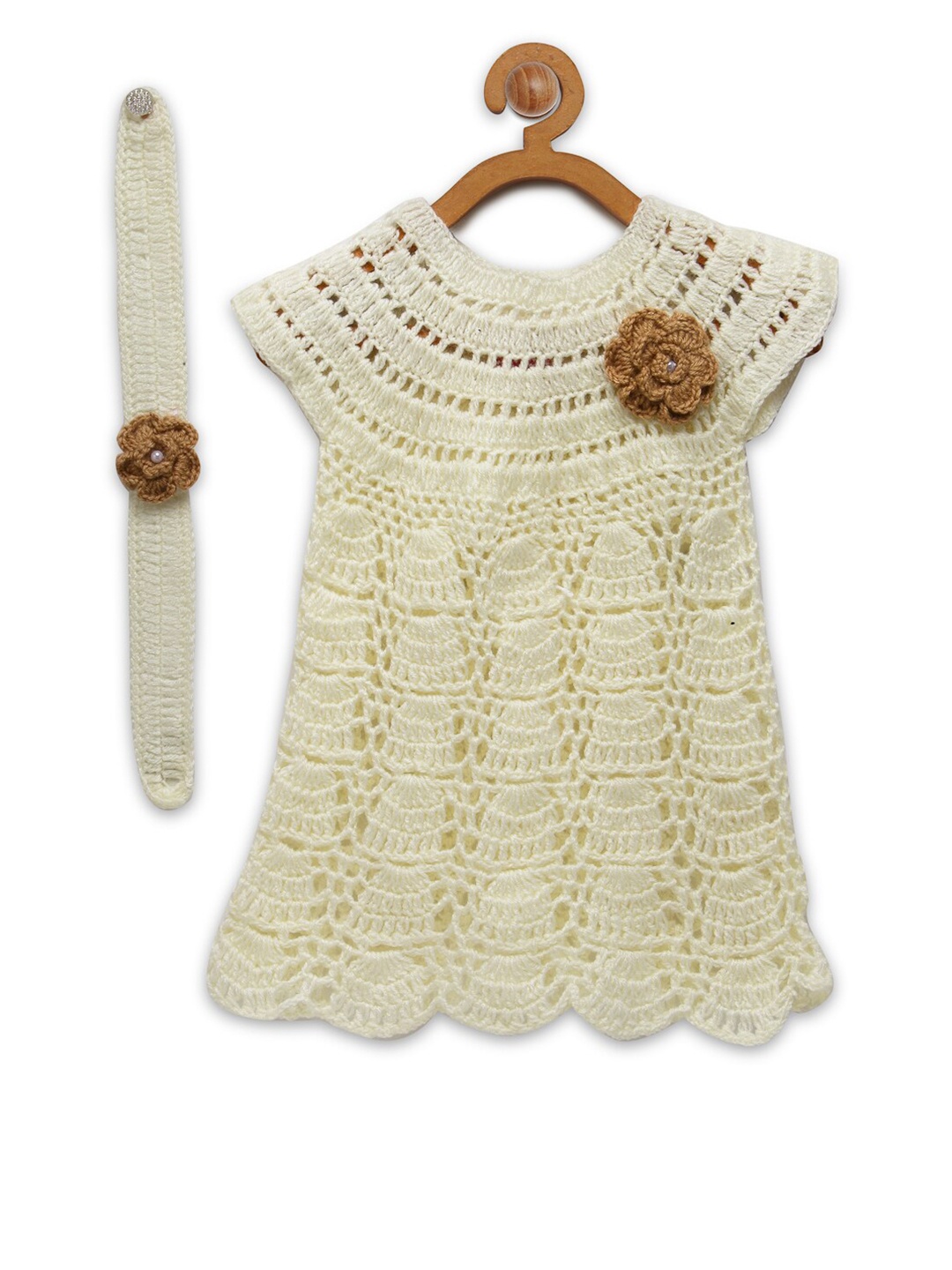

CHUTPUT Girls Cream Self Design Pure Wool Jumper Dress With Headband
