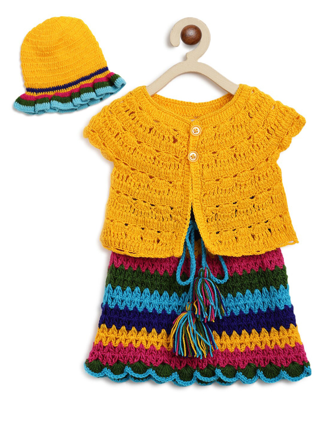 

CHUTPUT Girls Yellow & Blue Self Design Pure Wool Top and Skirt With Cap