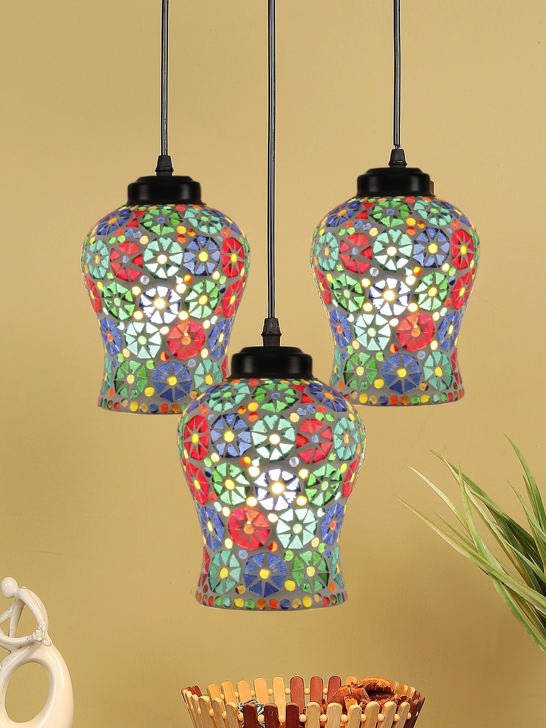 

Devansh White & Red Mosaic Glass Hanging Lamp