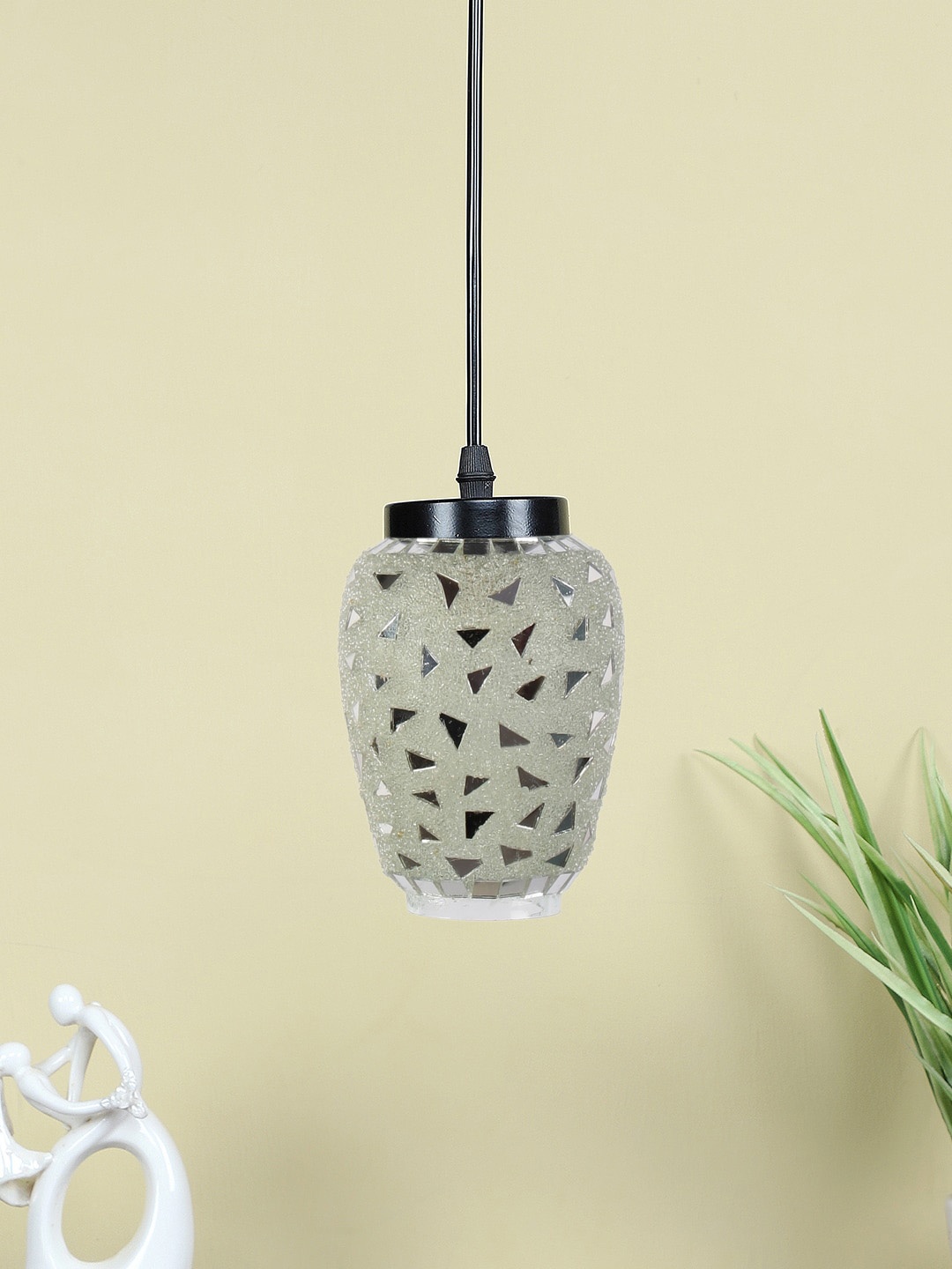 

Devansh White & Silver-Toned Mosaic Glass Hanging Lamp
