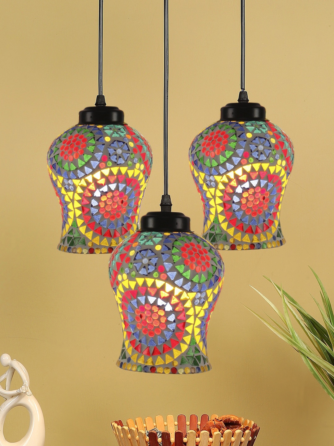 

Devansh White & Red Mosaic Glass Hanging Lamp