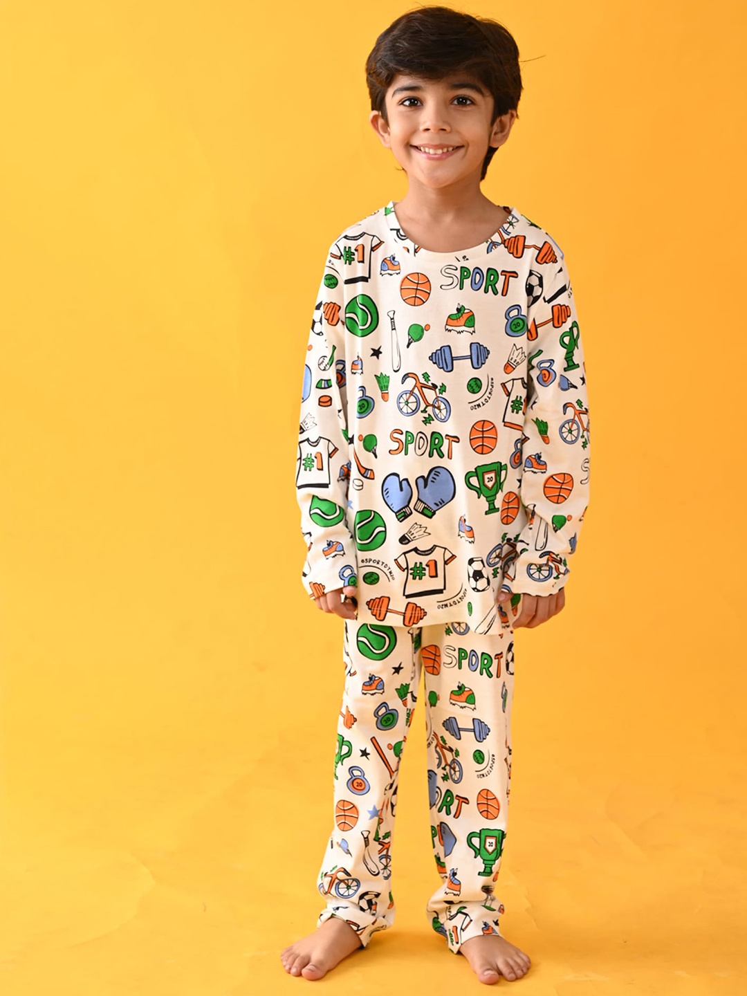 

Anthrilo Boys White & Orange Printed Cotton Night suit AN13700N