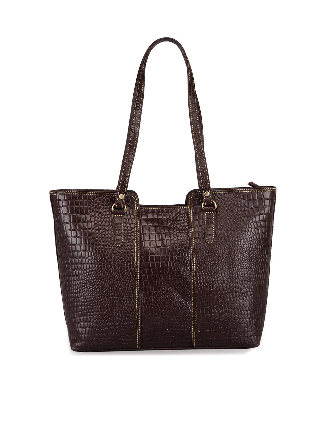 

GENWAYNE Brown Textured Leather Structured Handheld Bag