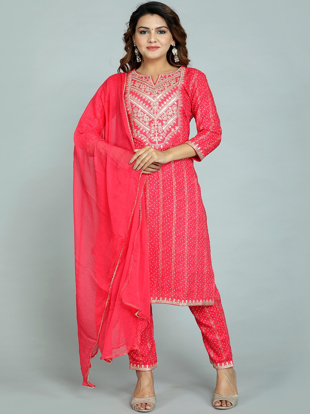 

gvs shoppe Women Pink Floral Embroidered Kurta with Trousers & With Dupatta