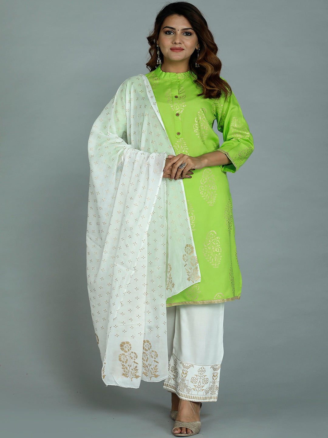

gvs shoppe Women Lime Green Ethnic Motifs Printed Kurta with Palazzos & With Dupatta
