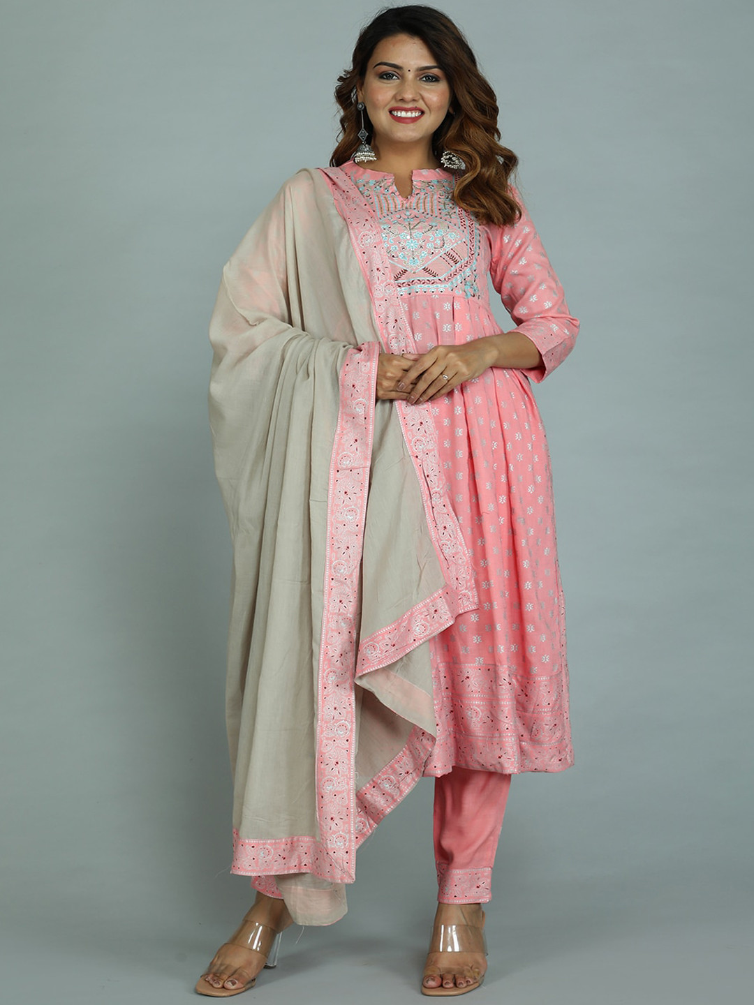 

gvs shoppe Women Pink Ethnic Motifs Printed Pleated Kurta with Trousers & With Dupatta
