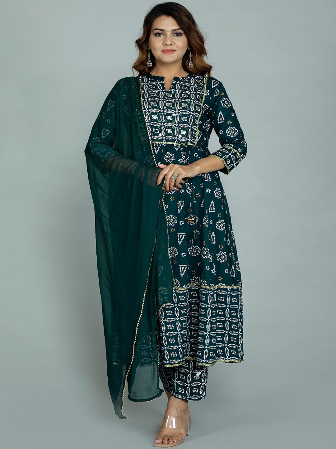 

gvs shoppe Women Teal Green Bandhani Printed Gotta Patti Kurta with Trousers & Dupatta