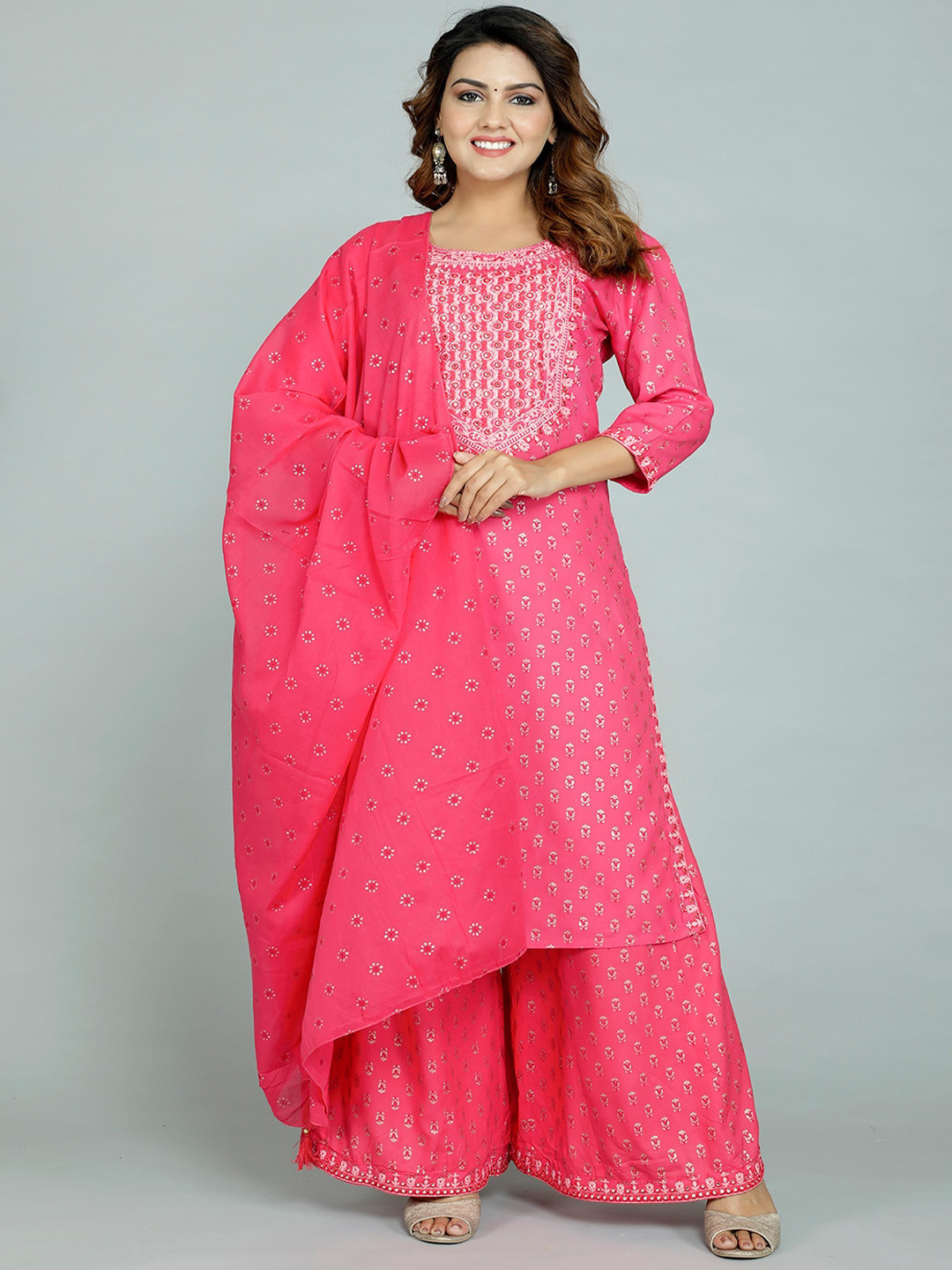 

gvs shoppe Women Pink Ethnic Motifs Embroidered Kurta with Sharara & With Dupatta