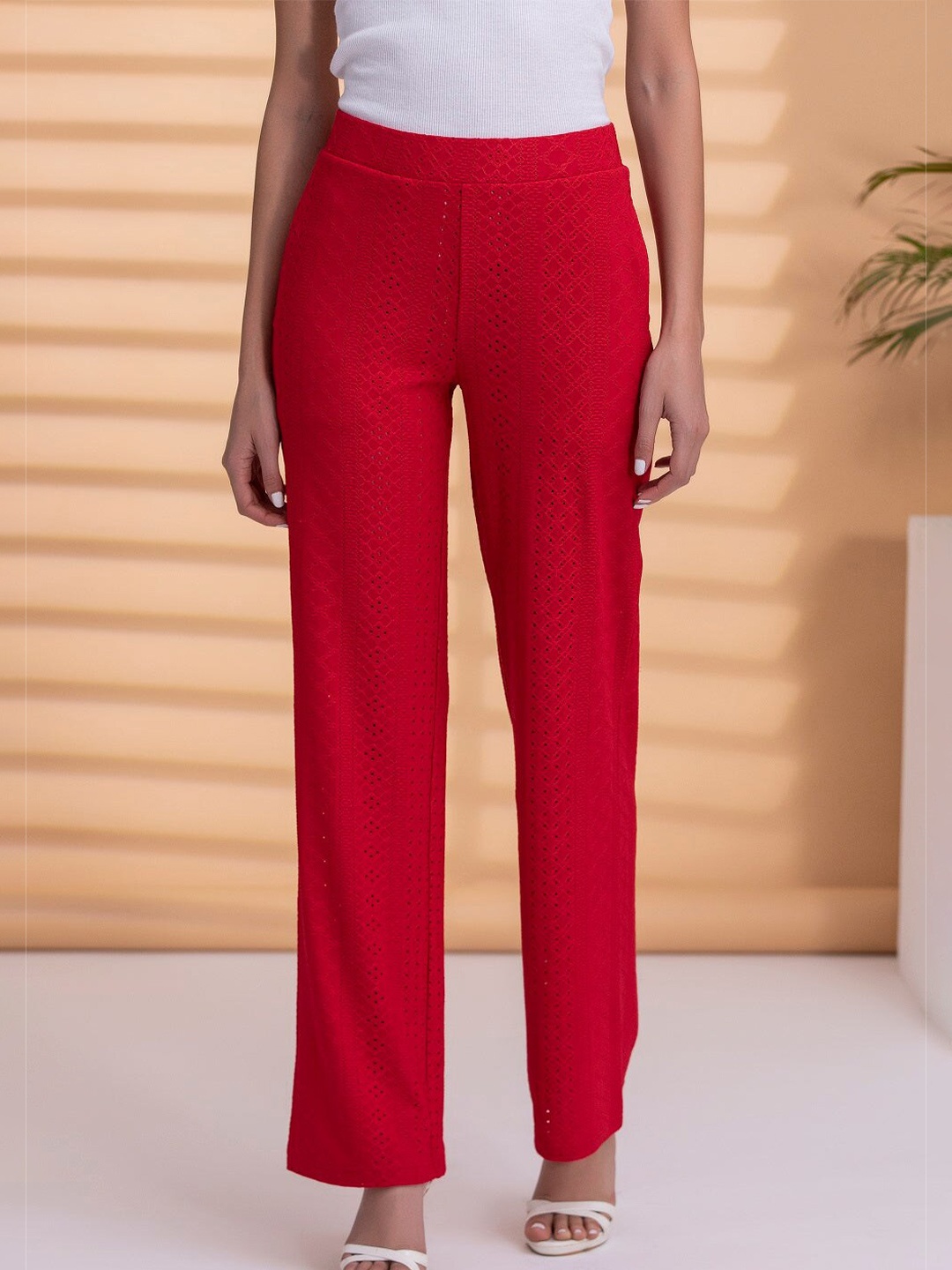 

Lakshita Women Red Schiffli Chambray Palazzos