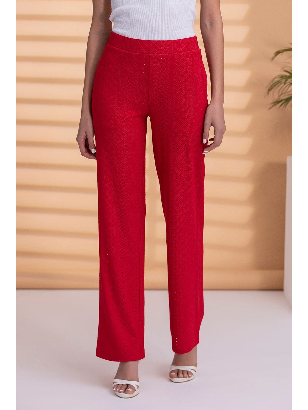 

Lakshita Women Red Schiffli Chambray Palazzos