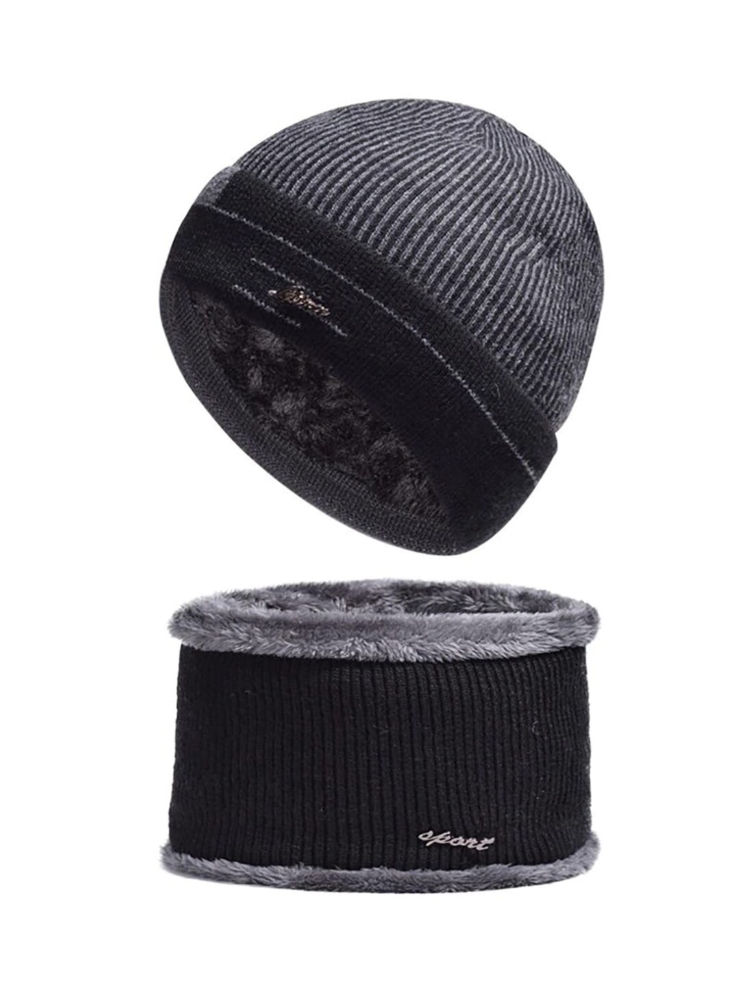 

YOUSTYLO Adults Black & Grey Woolen Winter Beanie Cap