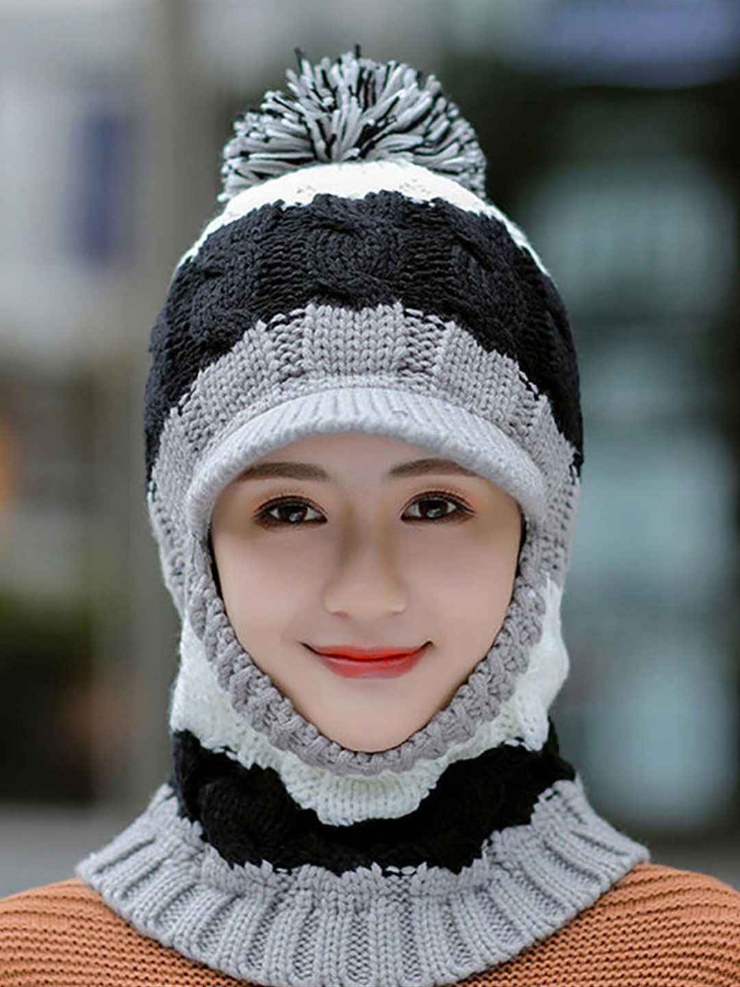 

YOUSTYLO Adults Black & Grey Colourblocked Woolen Winter Balaclava Visor Cap