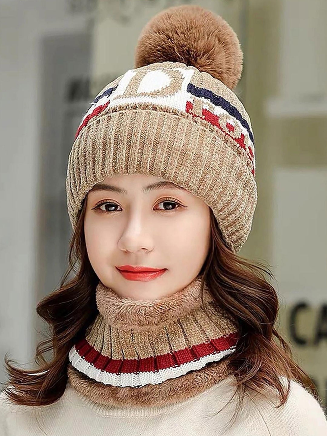 

YOUSTYLO Adults Brown & Red Self Design Woolen Winter Pompom Cap