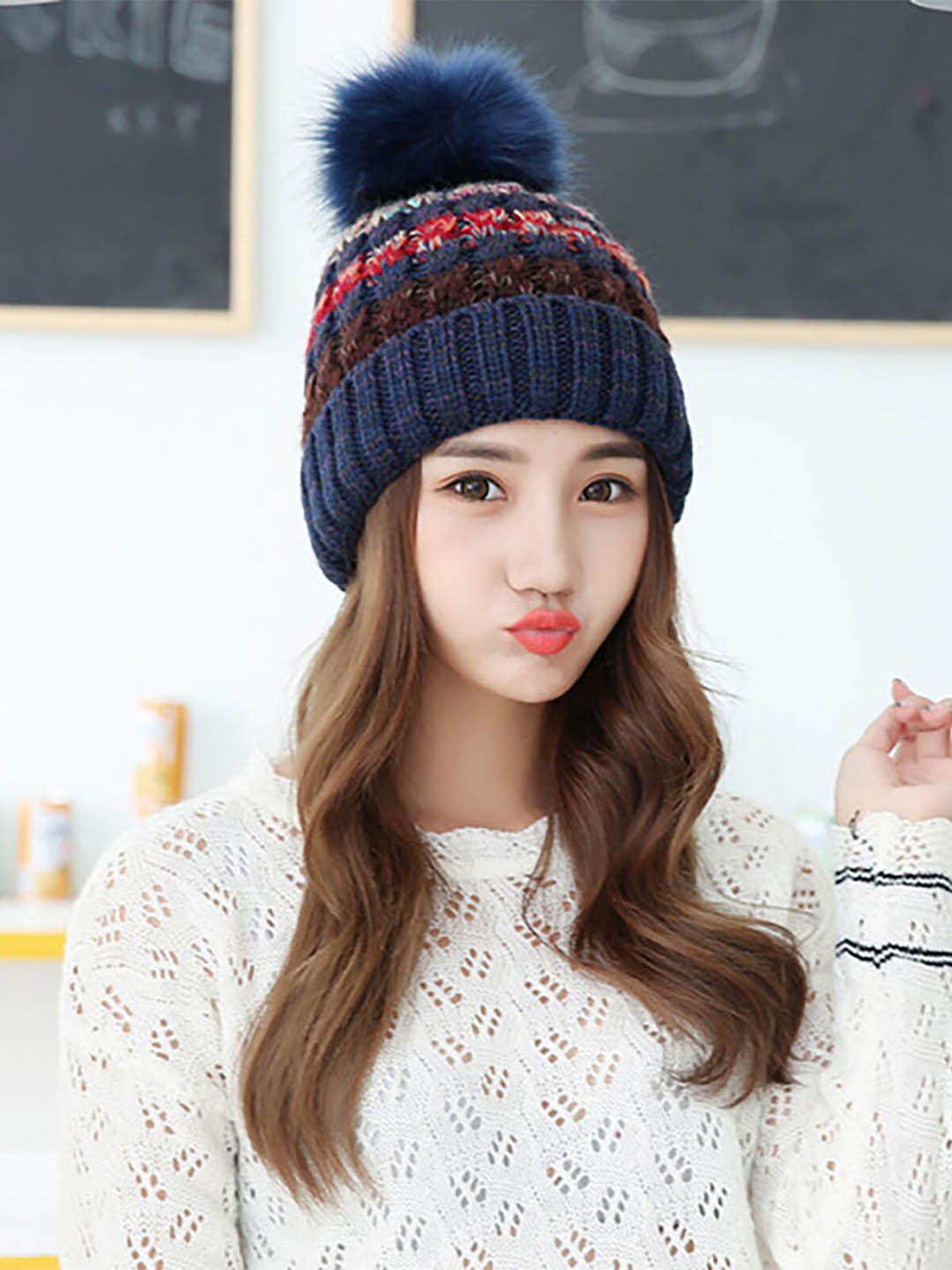 

YOUSTYLO Adults Blue & Red Self Design Woolen Winter Pompom Cap