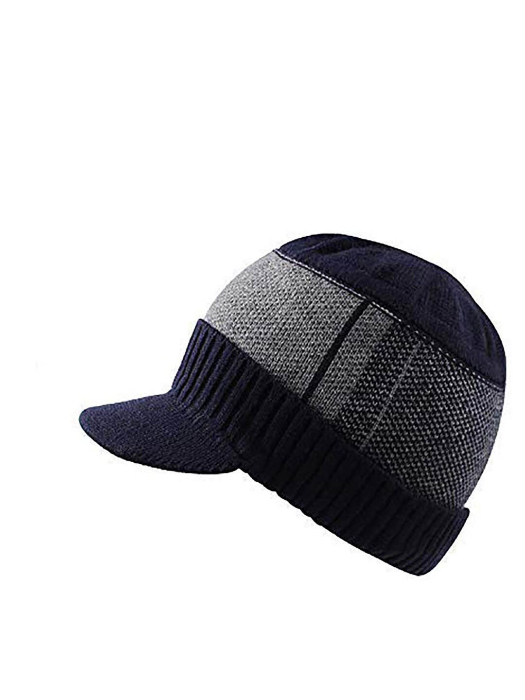 

YOUSTYLO Adults Blue & Grey Colourblocked Woolen Winter Visor Cap