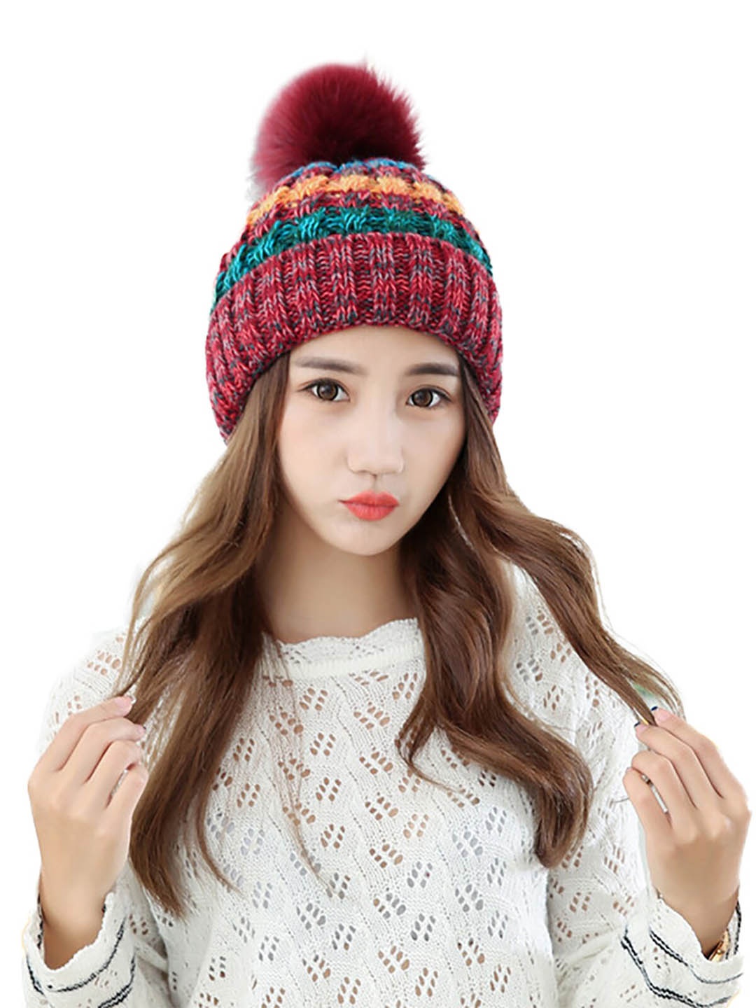 

YOUSTYLO Adults Red & Blue Self Design Woolen Winter Pompom Cap