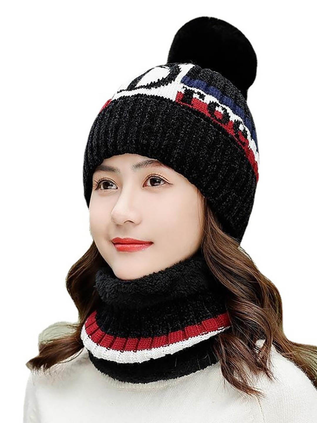 

YOUSTYLO Adults Black & White Printed Woolen Winter Pompom Cap