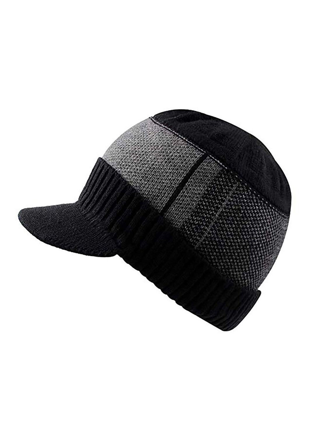 

YOUSTYLO Adults Black & Grey Colourblocked Woolen Winter Visor Cap